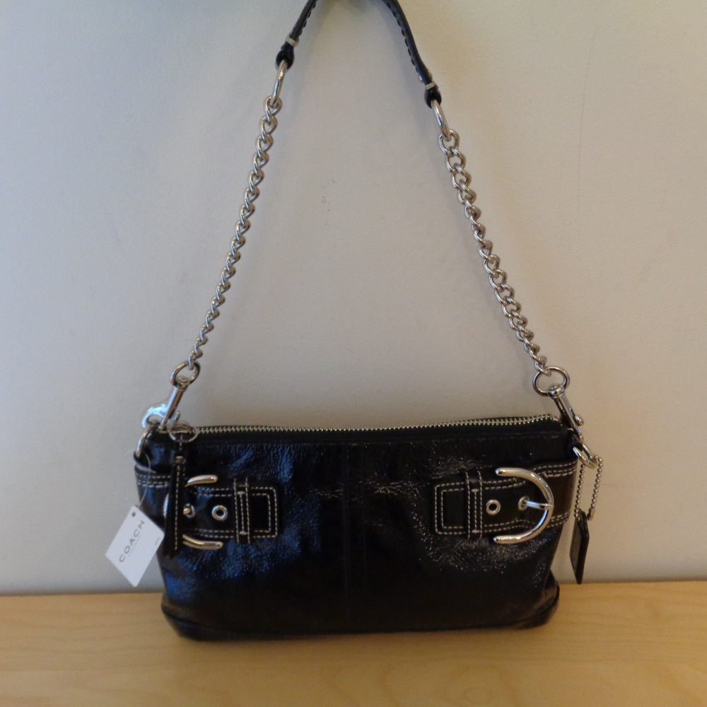Coach Soho Chain Strap Handbag Black Patent Leather Buckle Clutch Bag NEW